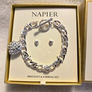 Napier New Silver Toned Bracelet w/ Heart Charm & Heart Shaped Earrings Set